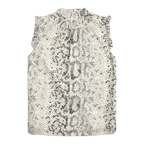 J. Crew Snakeskin-Print Mock-Neck Ruffle Neck/Sleeve Sleeveless Blouse. Size 0. - Picture 13 of 13